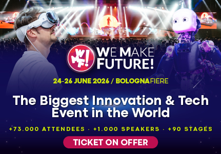 Poster for 'We Make Future' tech and innovation event in Bologna, June 24–26, 2026, featuring a person with VR headset and a robot alongside crowd and stage lights.