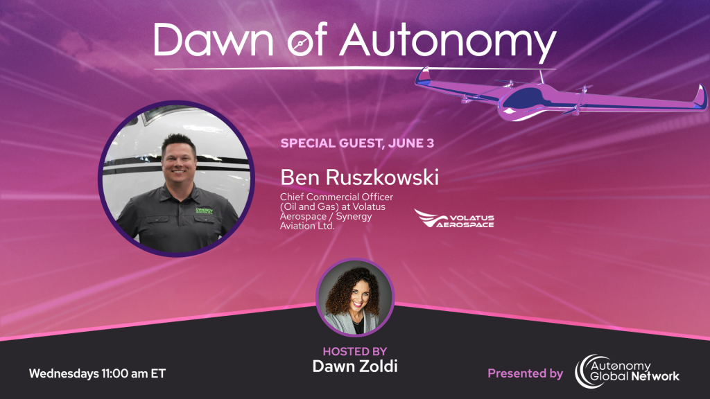 Event banner for 'Dawn of Autonomy' featuring guest Ben Ruszkowski and host Dawn Zoldi, with aviation imagery and logos.