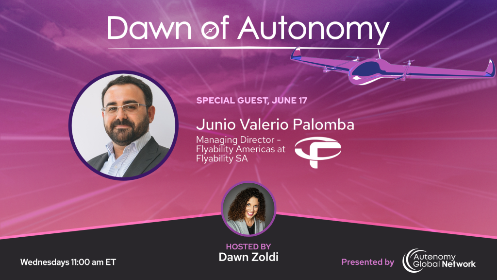 Banner for Dawn of Autonomy announcing guest Junio Valerio Palomba with host Dawn Zoldi, featuring a purple airplane graphic and circular headshots signals a talk event.